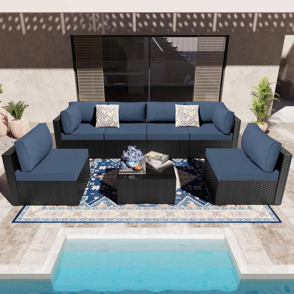 7 Pieces Black Wicker Outdoor Sectional Sofa Set with Tea Table I645494
