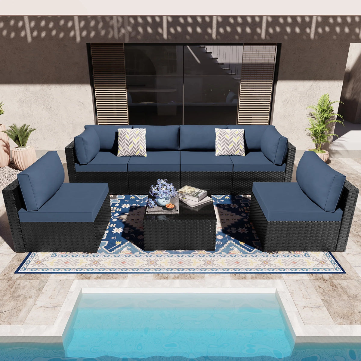 7 Pieces Black Wicker Outdoor Sectional Sofa Set with Tea Table I645494