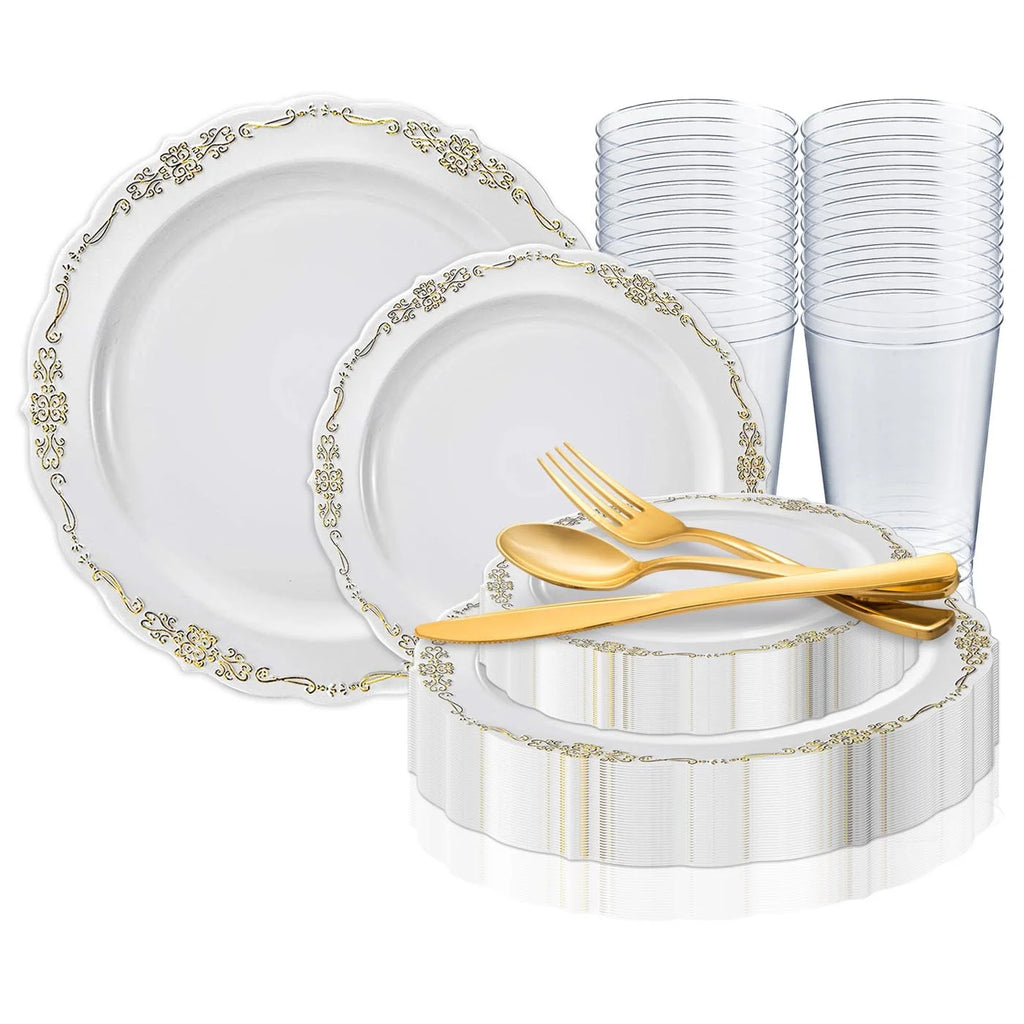 White Gold Disposable Plastic Wedding Value Set (60 Guests) F6272