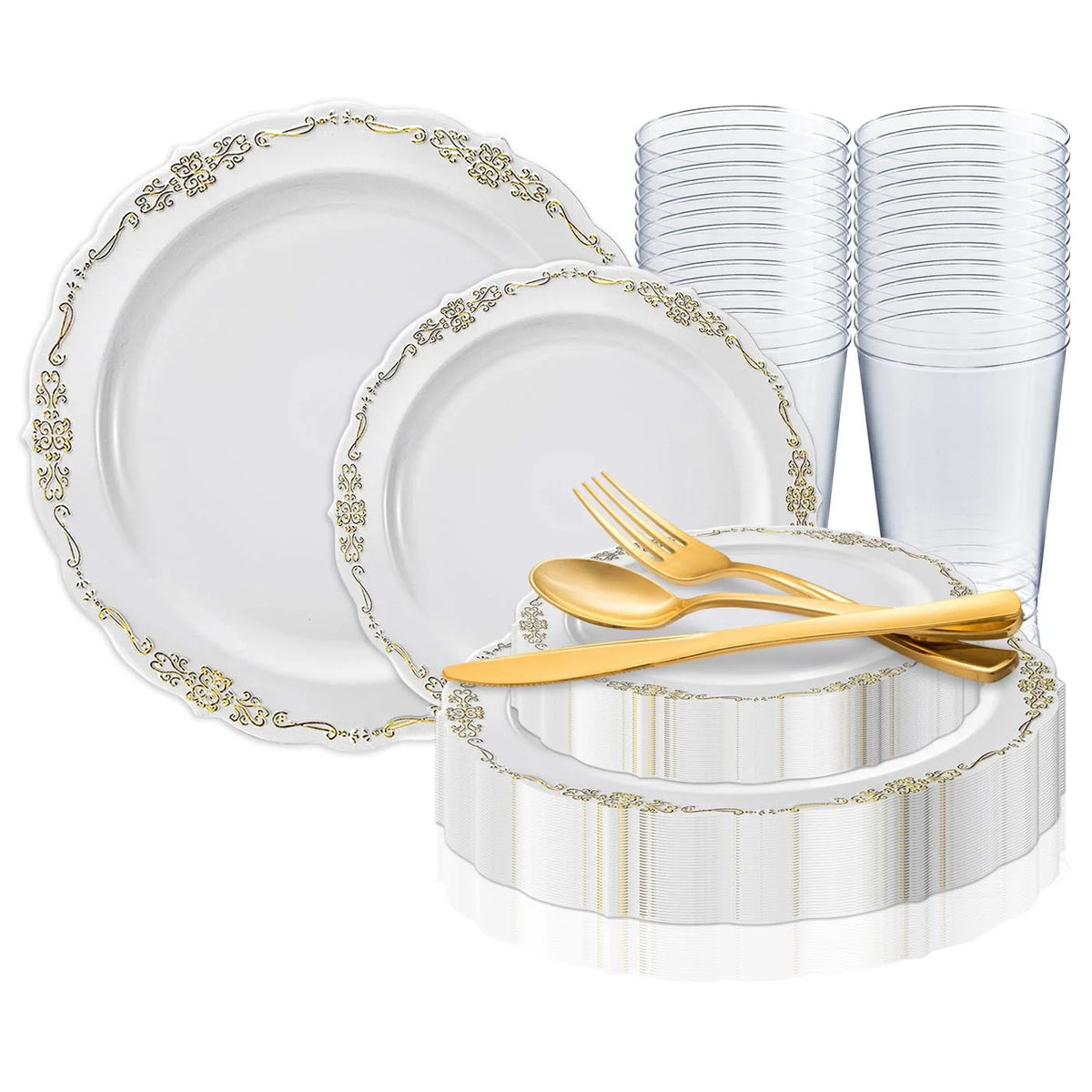 White Gold Disposable Plastic Wedding Value Set (60 Guests) F6272