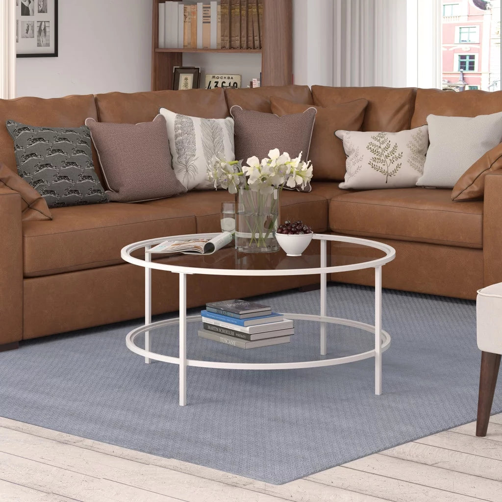 White Glass Round Coffee Table with Shelf T6945