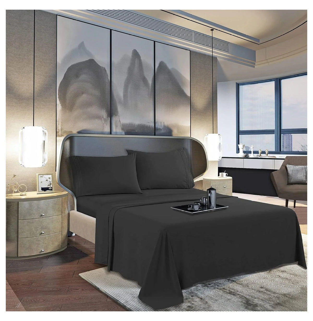 Twin 4 Piece Sheet Set with Pillowcases, Deep Pocket, Black Y5563
