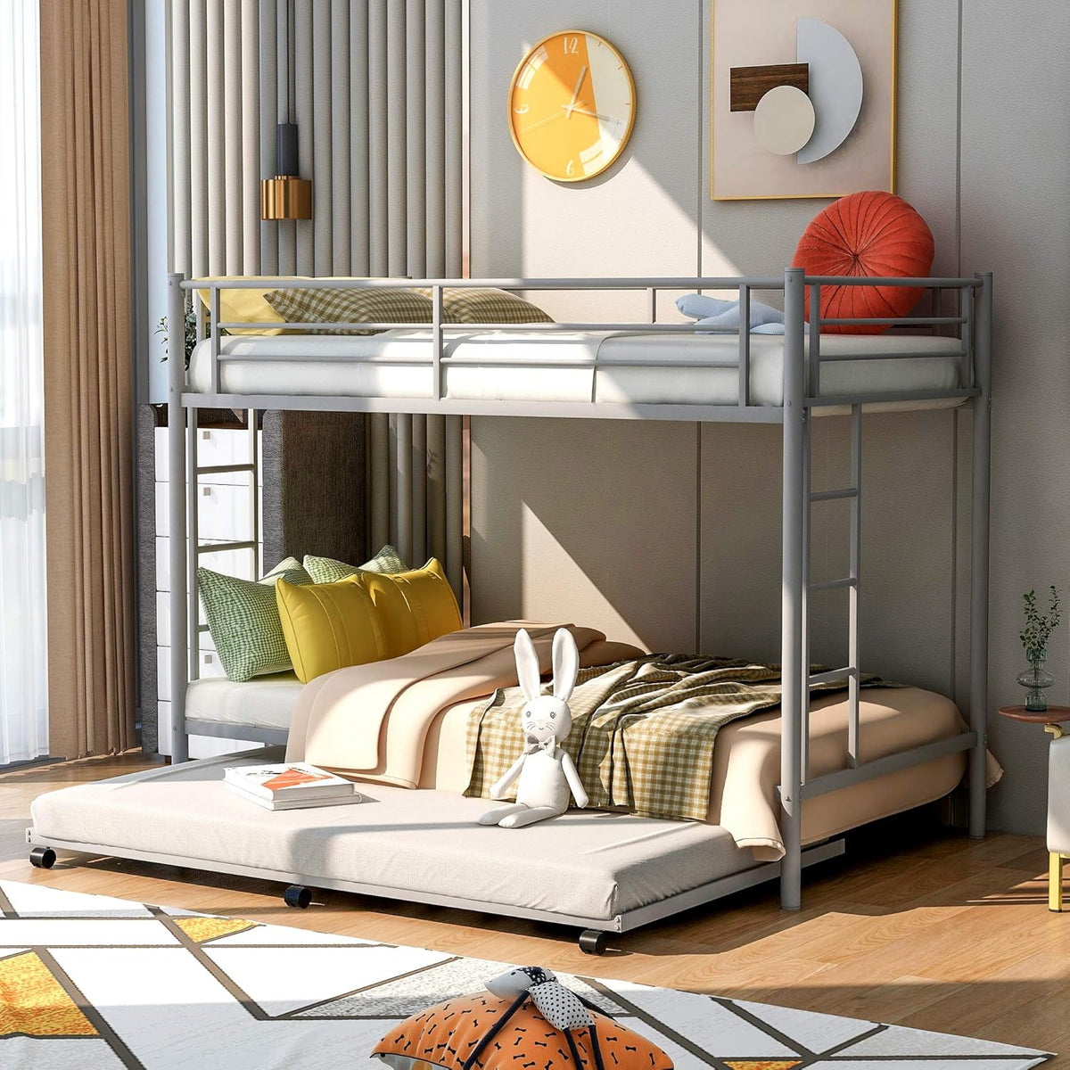 Twin Over Twin Metal Bunk Bed with Trundle and 2 Ladders A772