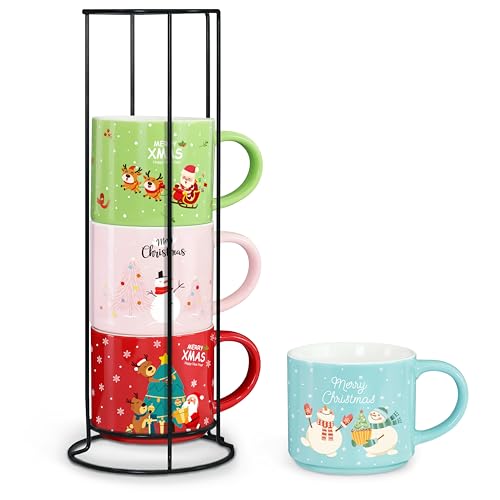 Set of 4 15.8 Oz Stackable Christmas Mugs with Stand R517
