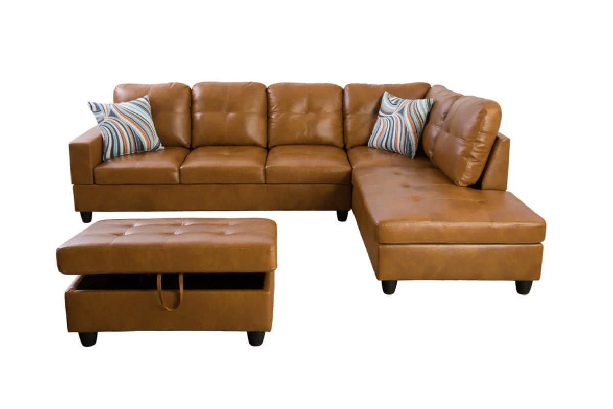 Ginger Leather Sectional Sofa Set with Storage Ottoman E214299