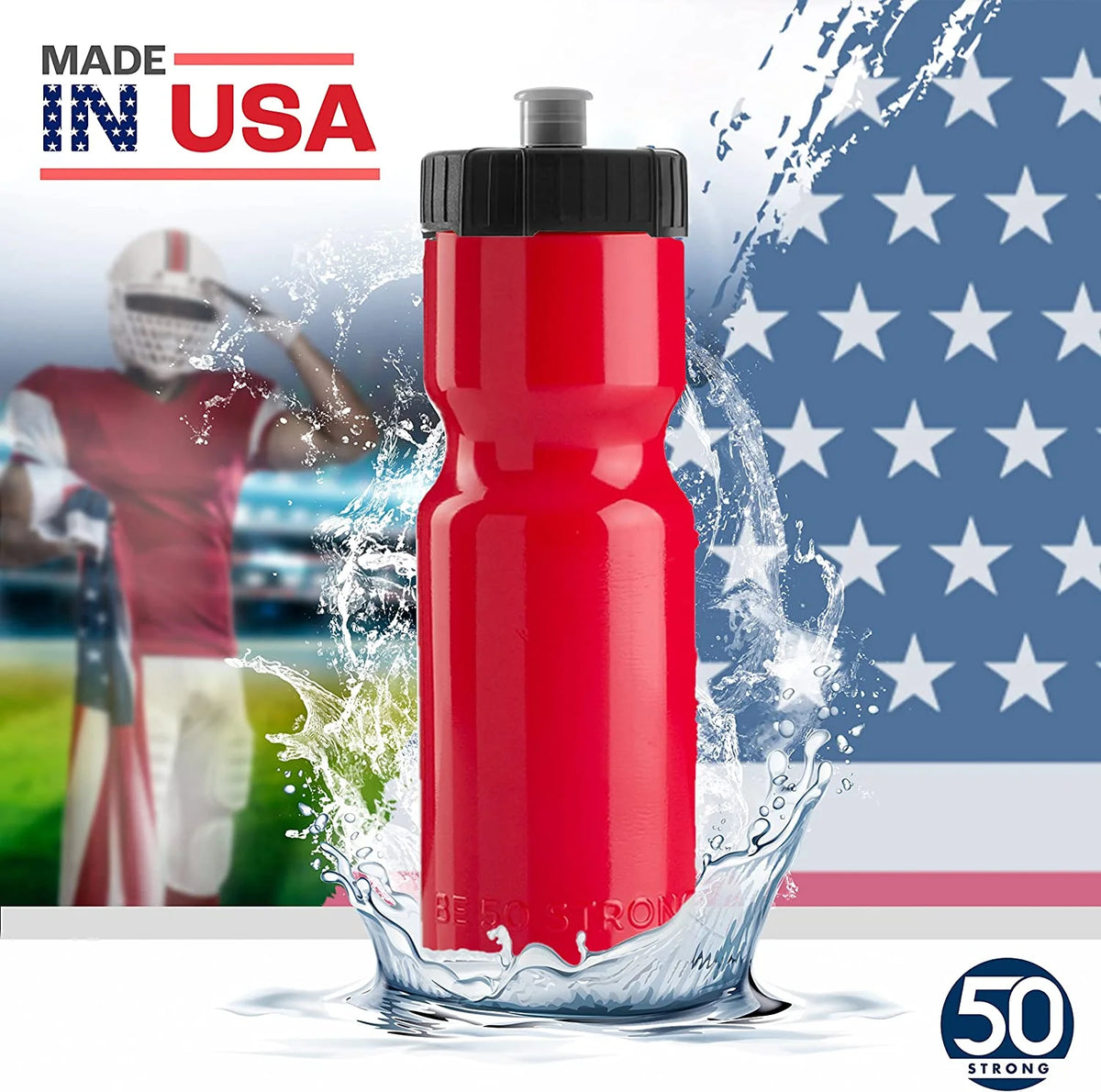 50 Strong Bulk Red Water Bottles, 24 Pack Sports Bottle, 22 oz. BPA-Free Easy Open with Pull Top Cap, Made in USA, Reusable Plastic Water Bottles for Adults & Kids, Top Rack Dishwasher Safe F37338