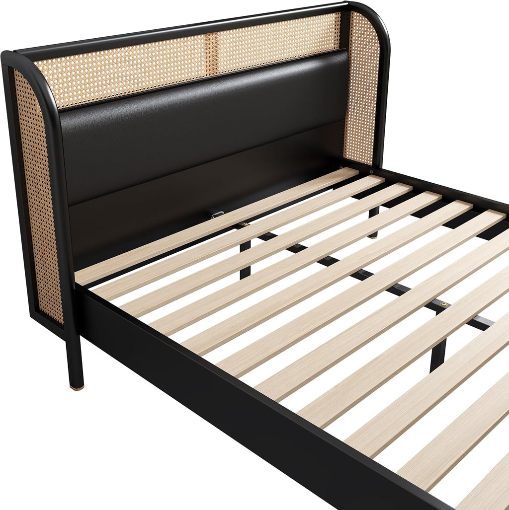 Queen Size Rattan Platform Bed with Wingback Headboard K451