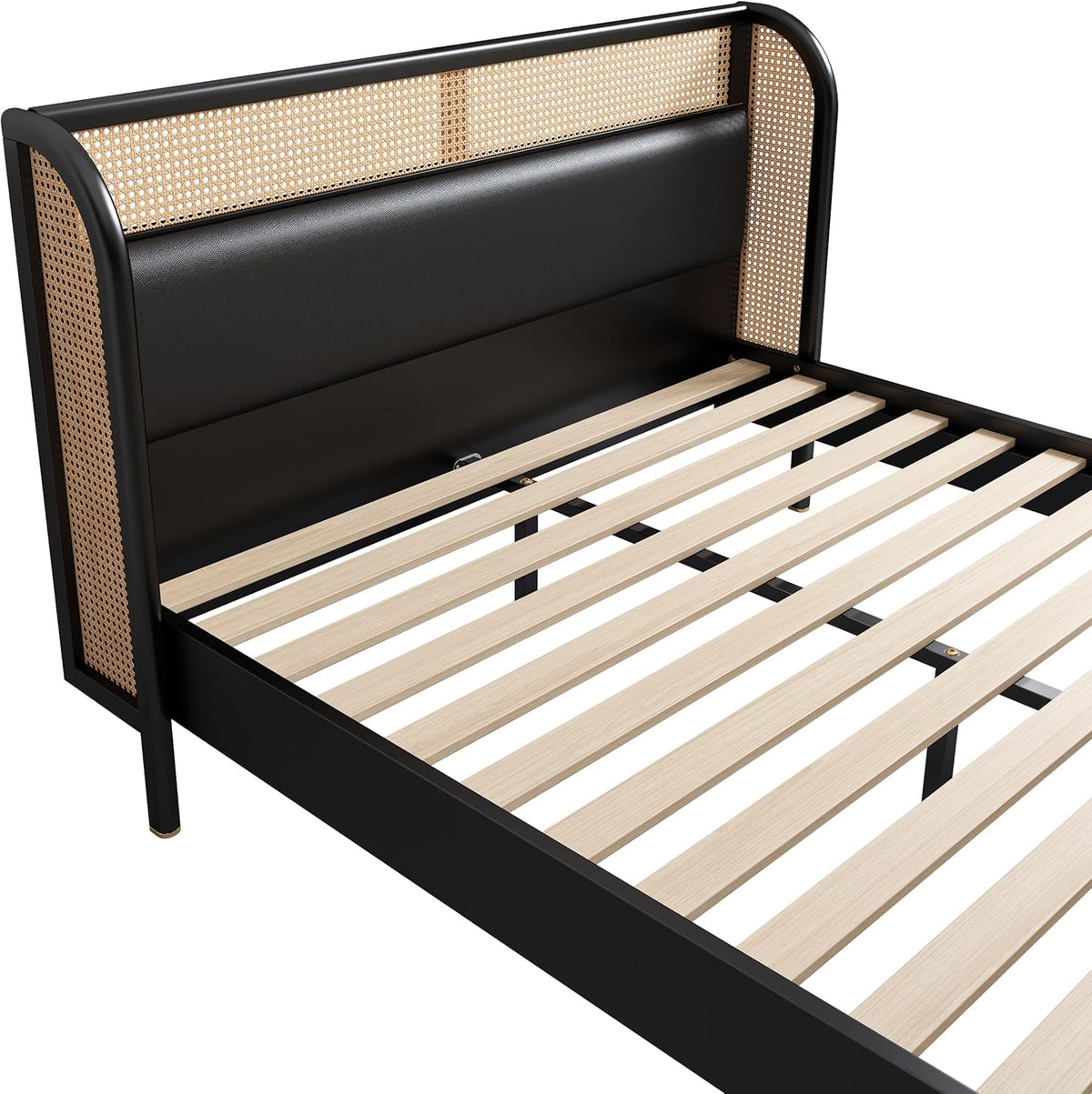 Queen Size Rattan Platform Bed with Wingback Headboard K451