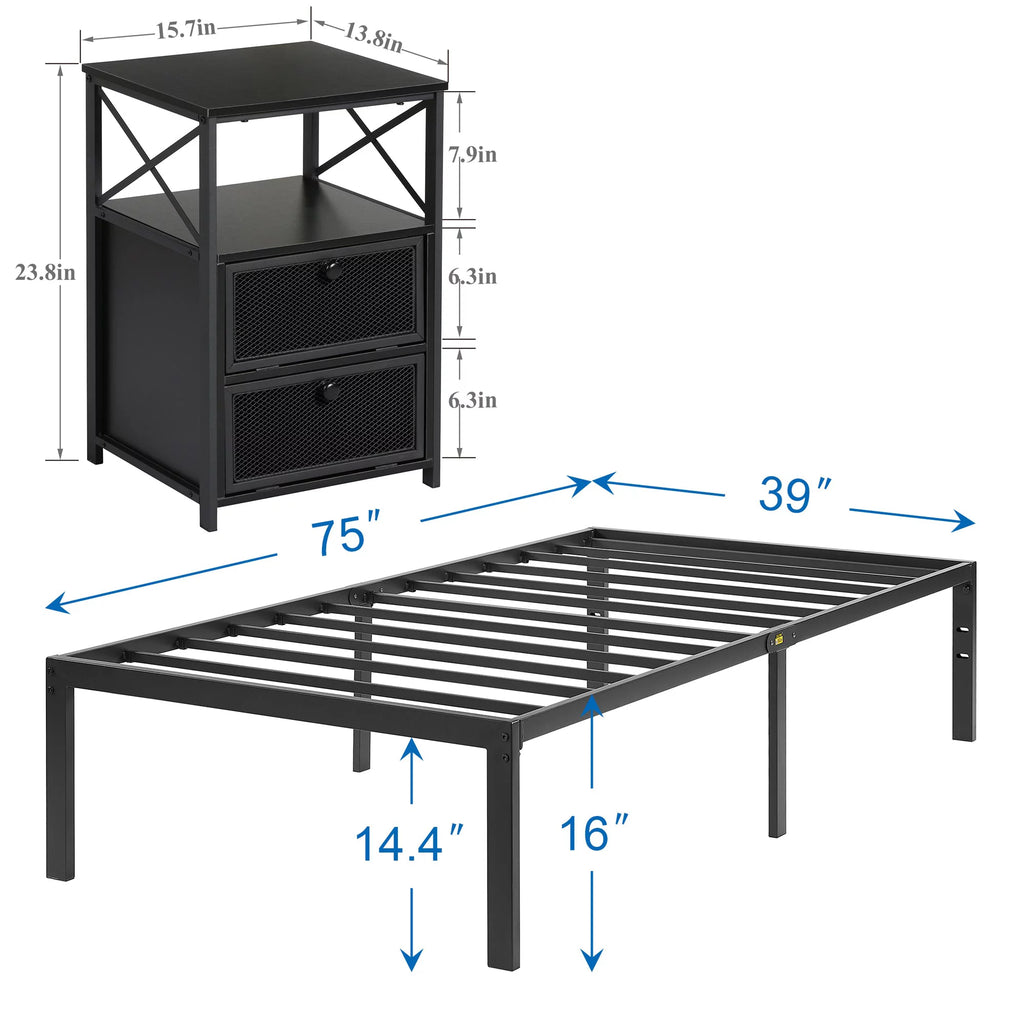 3-Piece Twin Bedroom Set with Metal Platform Bed Frame and 2 Black Nightstands K5663