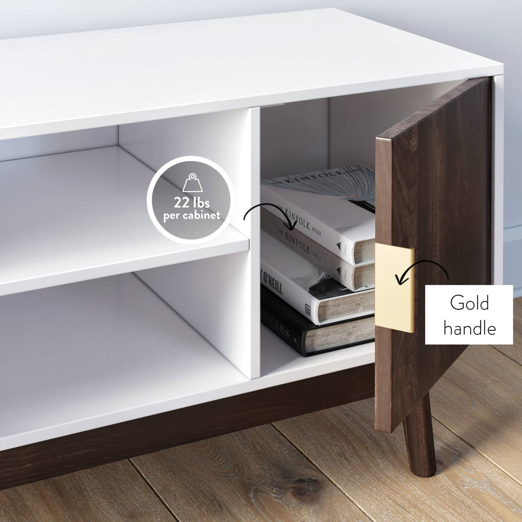 Brown Scandinavian TV Stand with White Cabinet Doors E59084