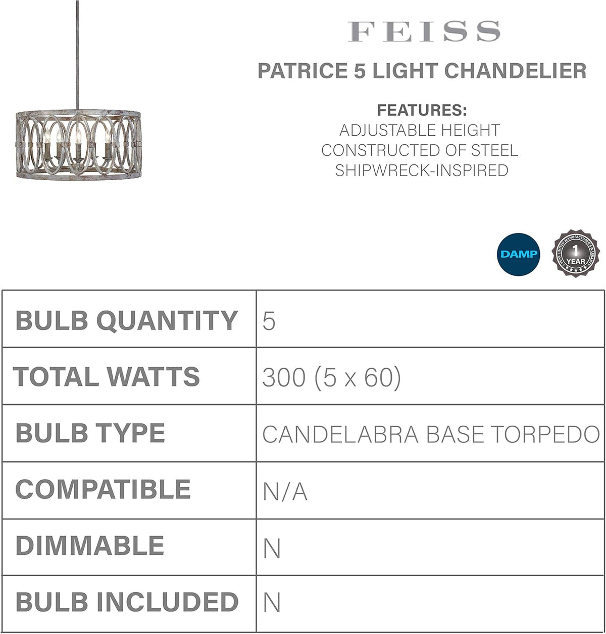 5-Light Outdoor Candle Drum Chandelier O82035