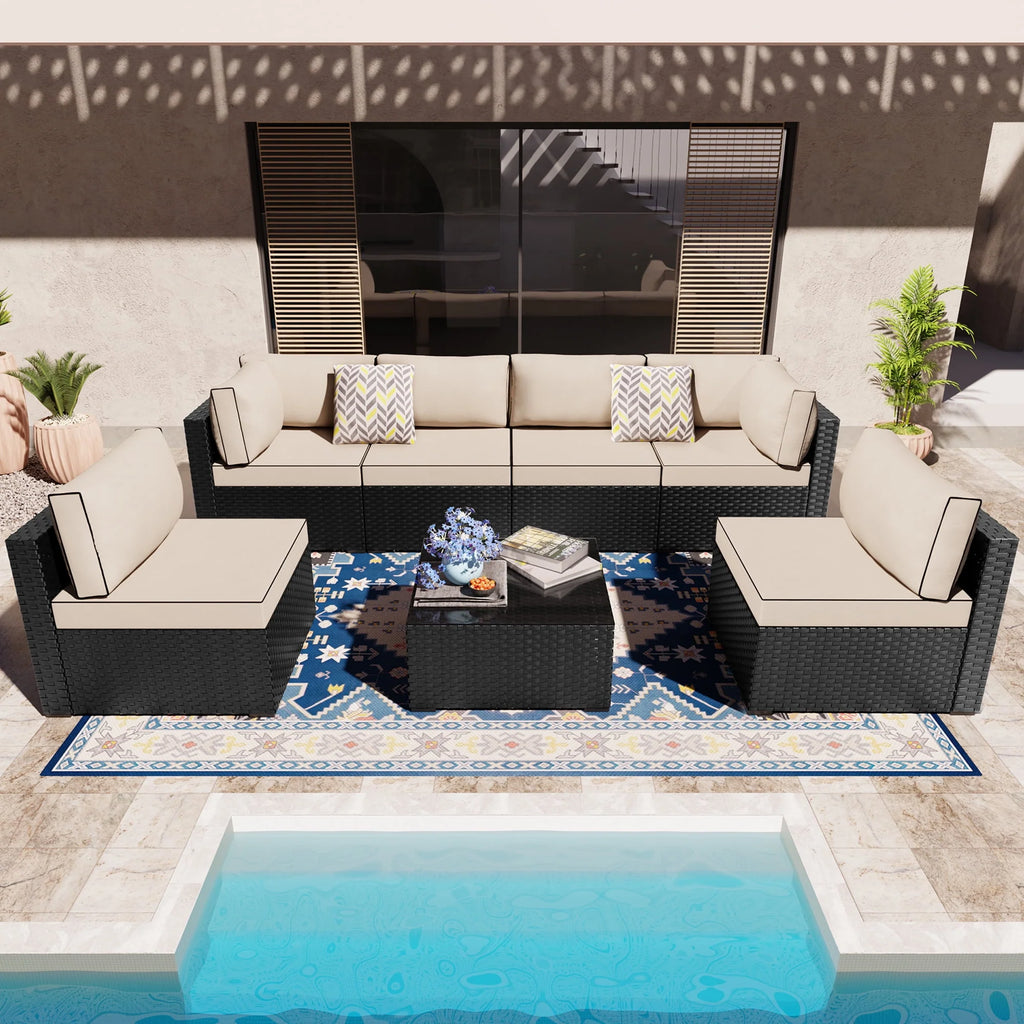 7 Pieces Black Wicker Outdoor Sectional Sofa Set with Tea Table I645494