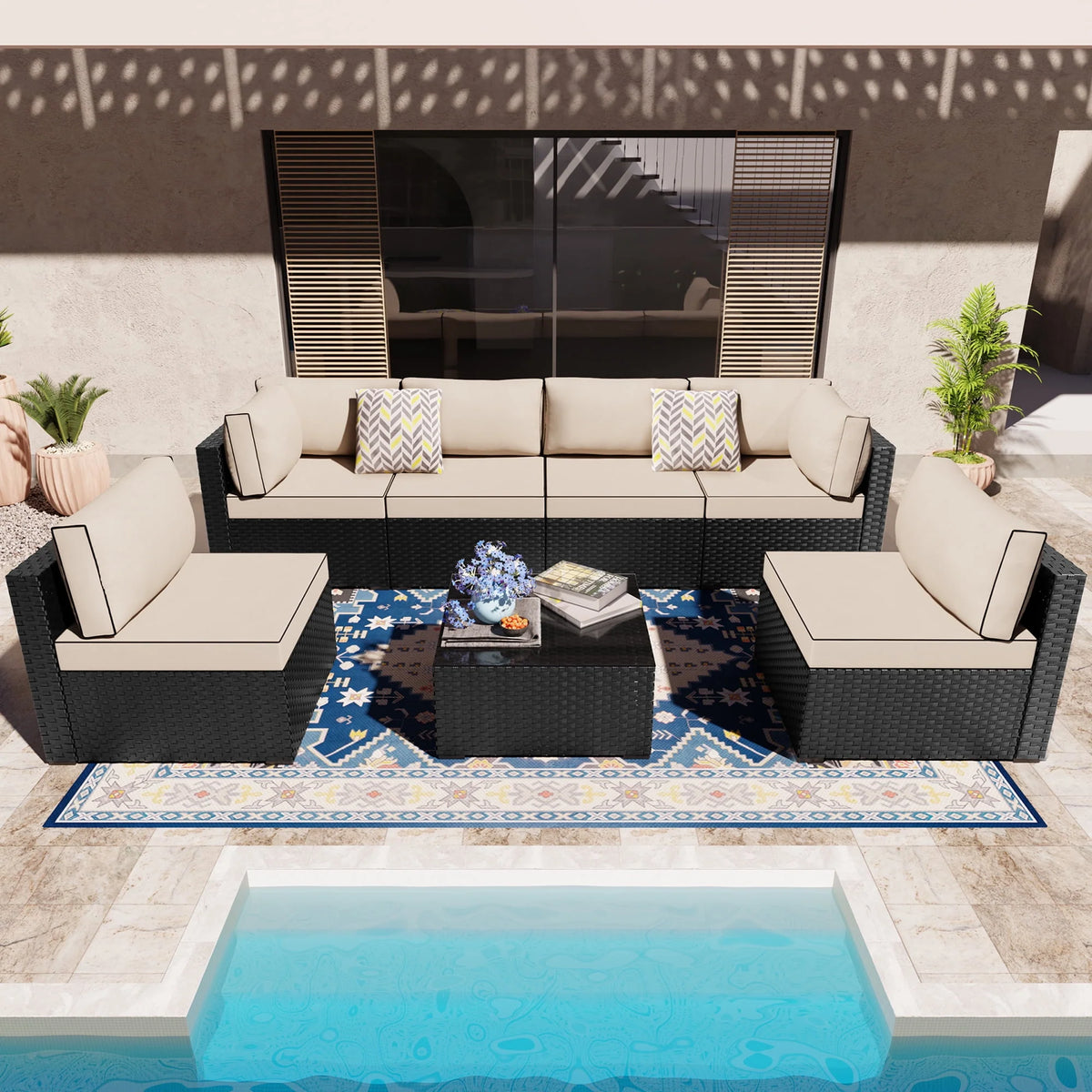 7 Pieces Black Wicker Outdoor Sectional Sofa Set with Tea Table I645494