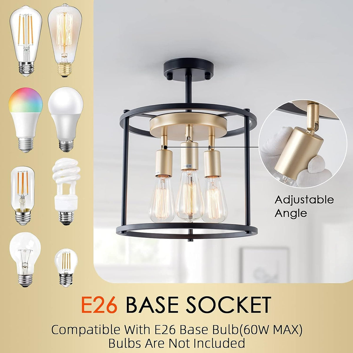 Industrial Semi Flush Mount Ceiling Light Fixture, 3-Light Black Metal Cage Shade L77194