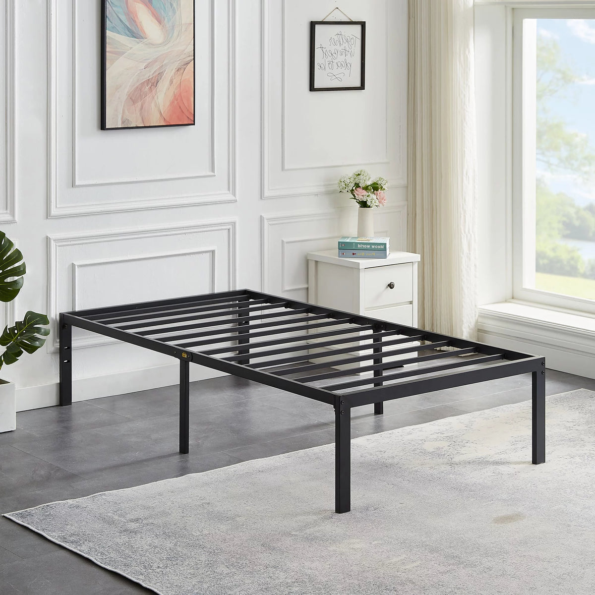 3-Piece Twin Bedroom Set with Metal Platform Bed Frame and 2 Black Nightstands K5663