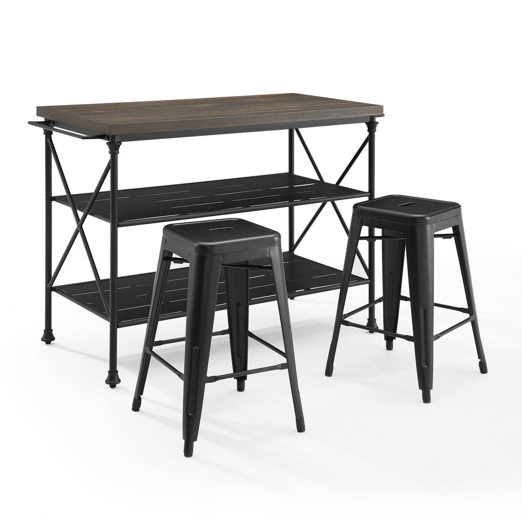 3 Piece Kitchen Island 2 Stools Set Brown Black E13610