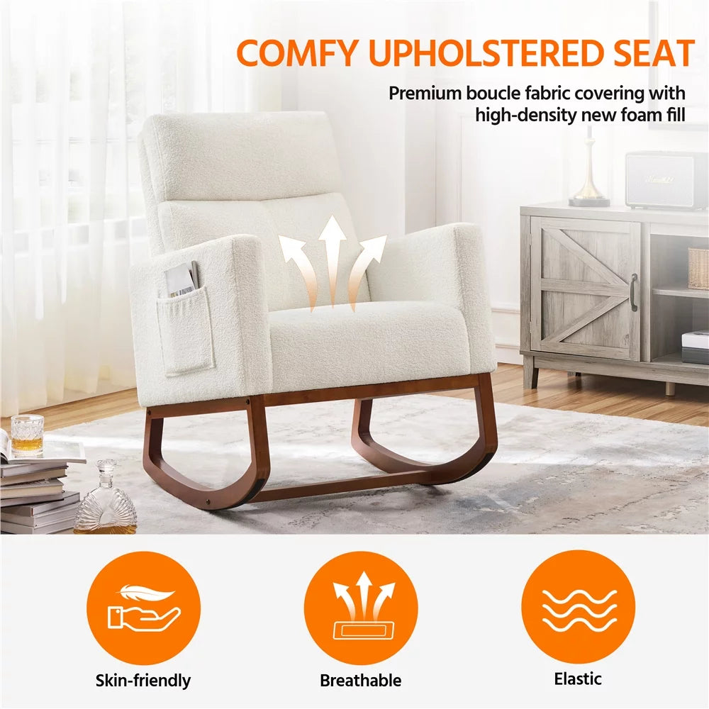 Ivory Boucle Upholstered Rocking Chair with Rubberwood Legs Q318