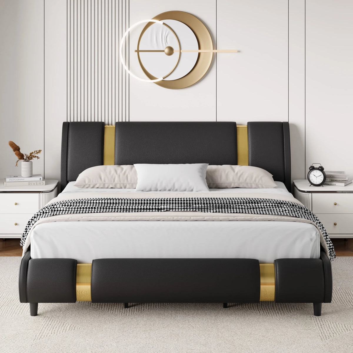 Full Size Leather Upholstered Platform Bed Frame with White Headboard F848