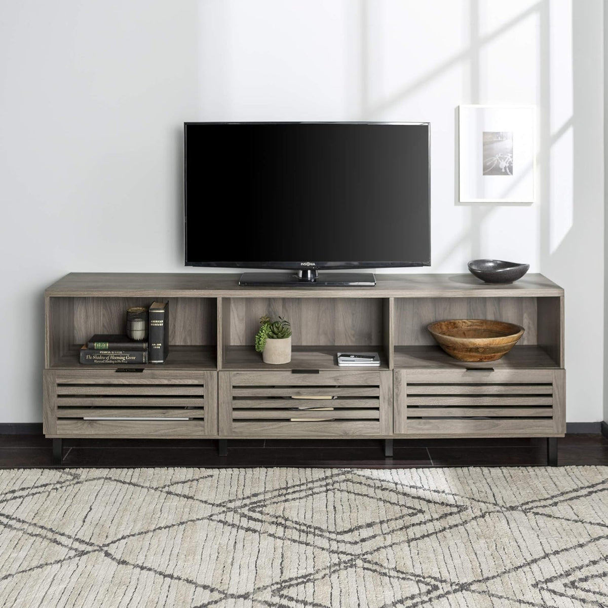 Modern Wood TV Stand with Slat Doors, 58 Inch, Dark Walnut F99735