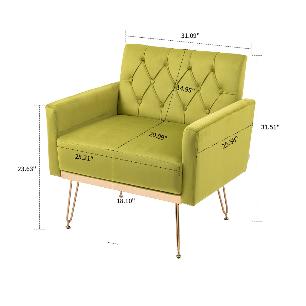 Olive Green Velvet Upholstered Accent Chair with Button Tufted Design and Metal Legs W8988