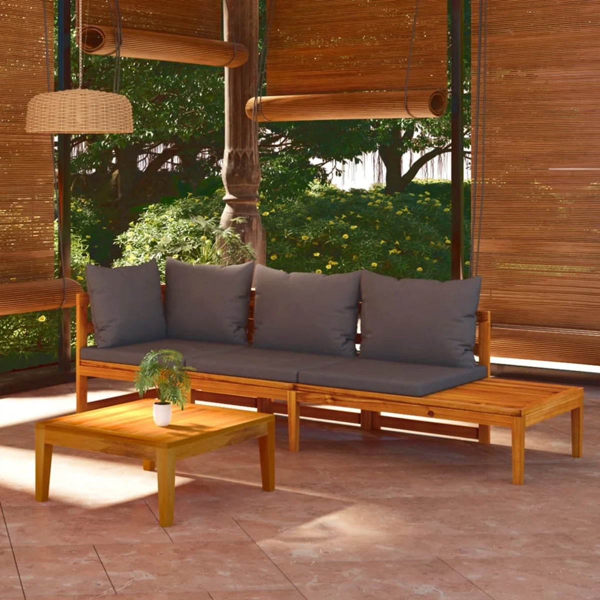3 Piece Dark Gray Cushioned Corner Sofa and Table Acacia Wood Sectional Outdoor Furniture Set L630654
