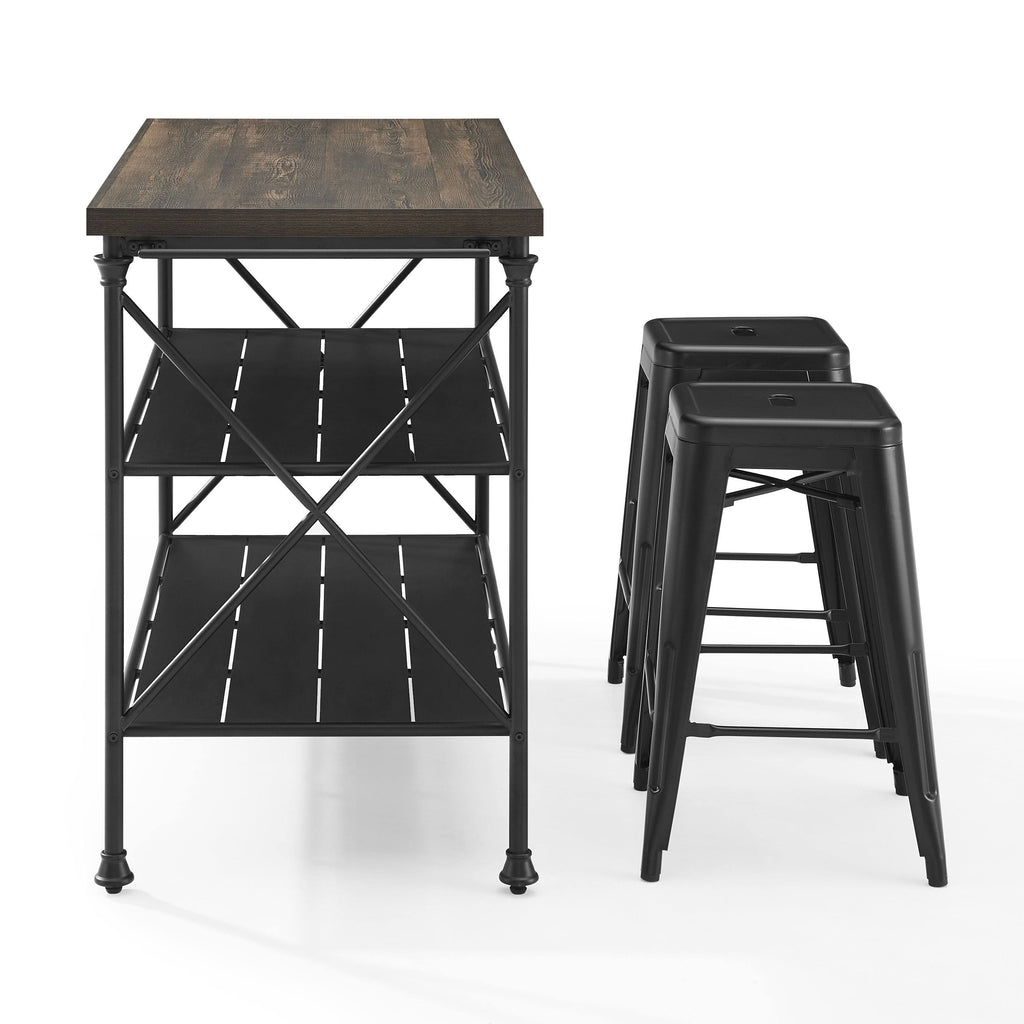 3 Piece Kitchen Island 2 Stools Set Brown Black E13610