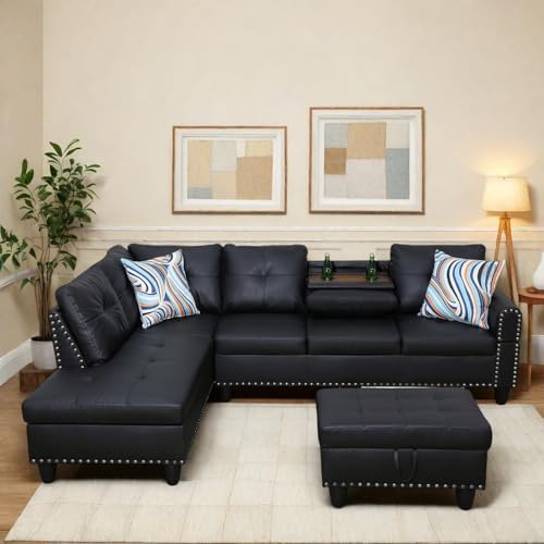 97" L Shaped Faux Leather Sectional Sofa with Storage Ottoman X487