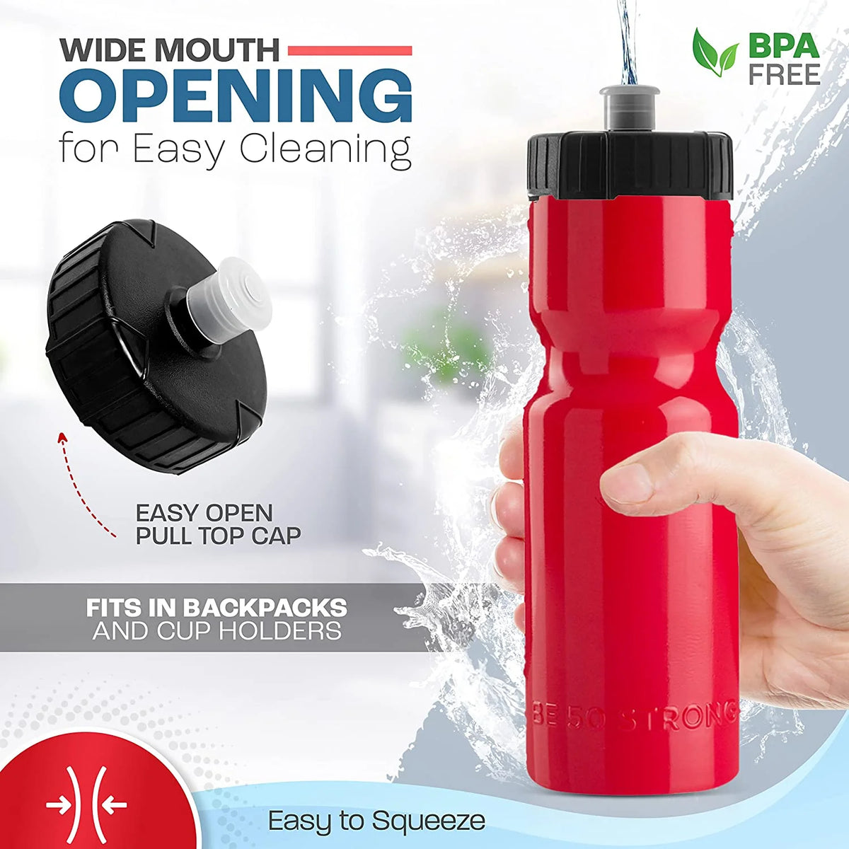 50 Strong Bulk Red Water Bottles, 24 Pack Sports Bottle, 22 oz. BPA-Free Easy Open with Pull Top Cap, Made in USA, Reusable Plastic Water Bottles for Adults & Kids, Top Rack Dishwasher Safe F37338