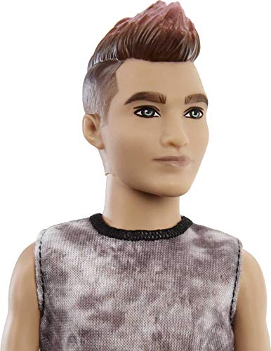 Barbie Ken Fashionistas Doll with Sculpted Brunette Ombre-Tipped Hair Wearing Sleeveless Tie-dye Shirt, Red Plaid Pants & Black Boots L442816