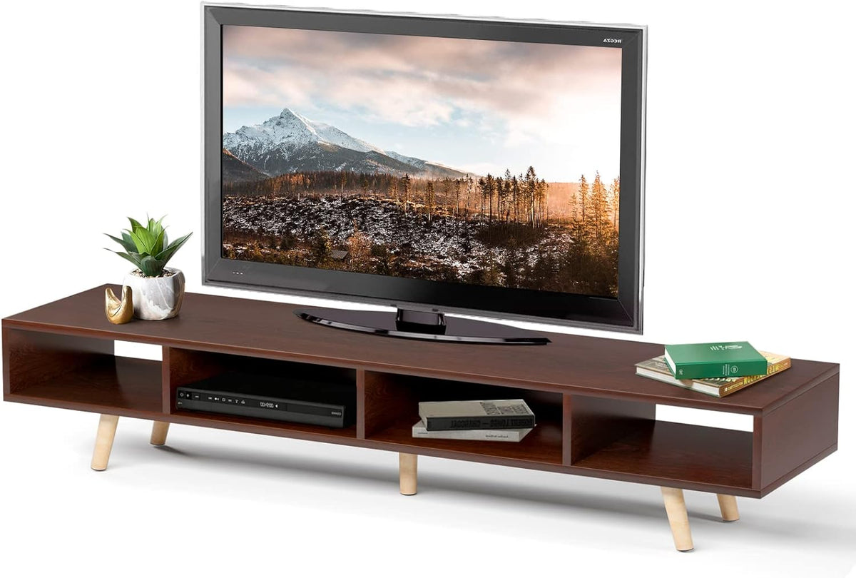 Mid-Century Modern TV Stand with 4 Storage Shelves, Walnut A150756