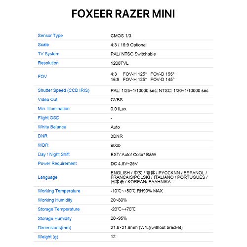 FPV Camera 1/3 CMOS 5MP 2.1mm Lens 1200TVL Switchable C798691