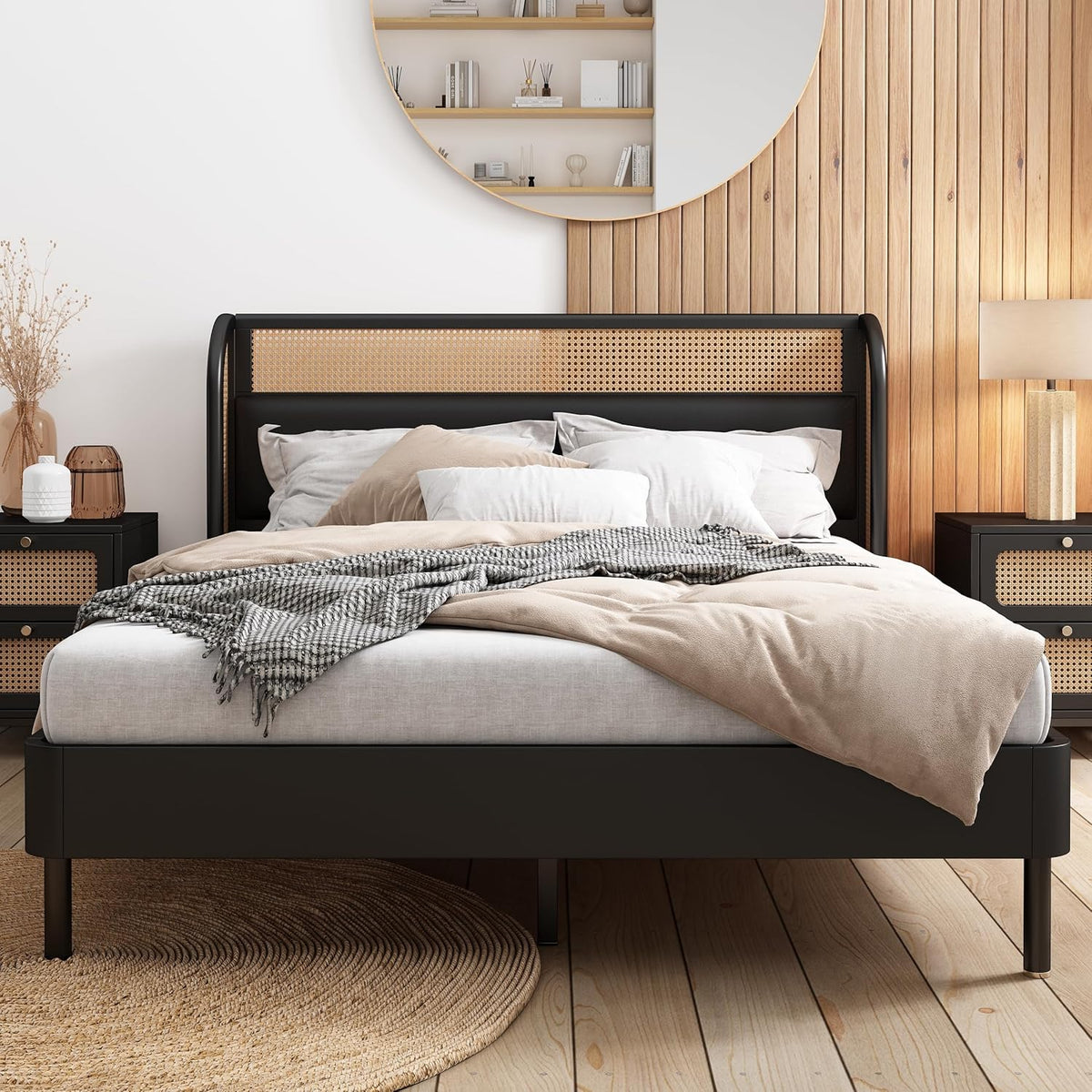 Queen Size Rattan Platform Bed with Wingback Headboard K451