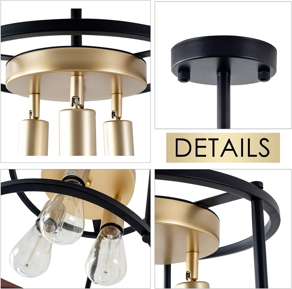 Industrial Semi Flush Mount Ceiling Light Fixture, 3-Light Black Metal Cage Shade L77194