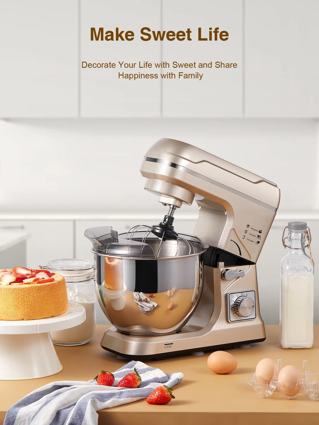 5.5QT Tilt-Head Stand Mixer with Dough Hook, Whisk & Beater, Gold L4304