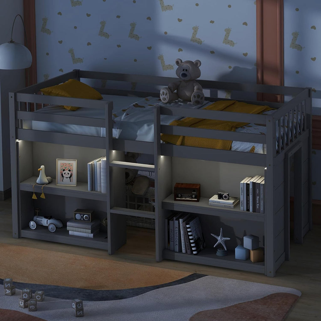 Grey LED Twin Low Loft Bed with Storage Shelves W1838