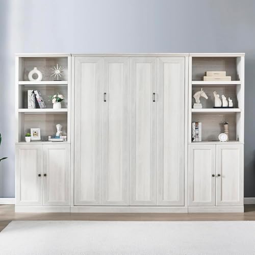 Queen Size White Wood Murphy Bed with Storage Bookcase Shelves S723507
