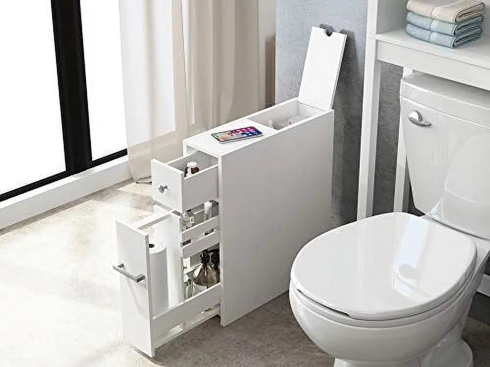 Slim White Bathroom Storage Cabinet with Slide Out Drawer K2489