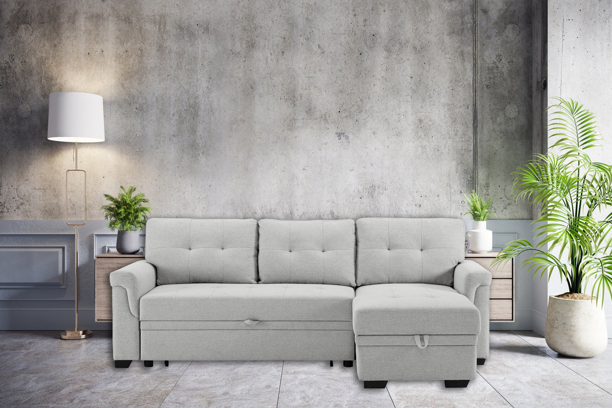 Light Gray Reversible Sleeper Sectional Sofa with Storage Chaise W1342