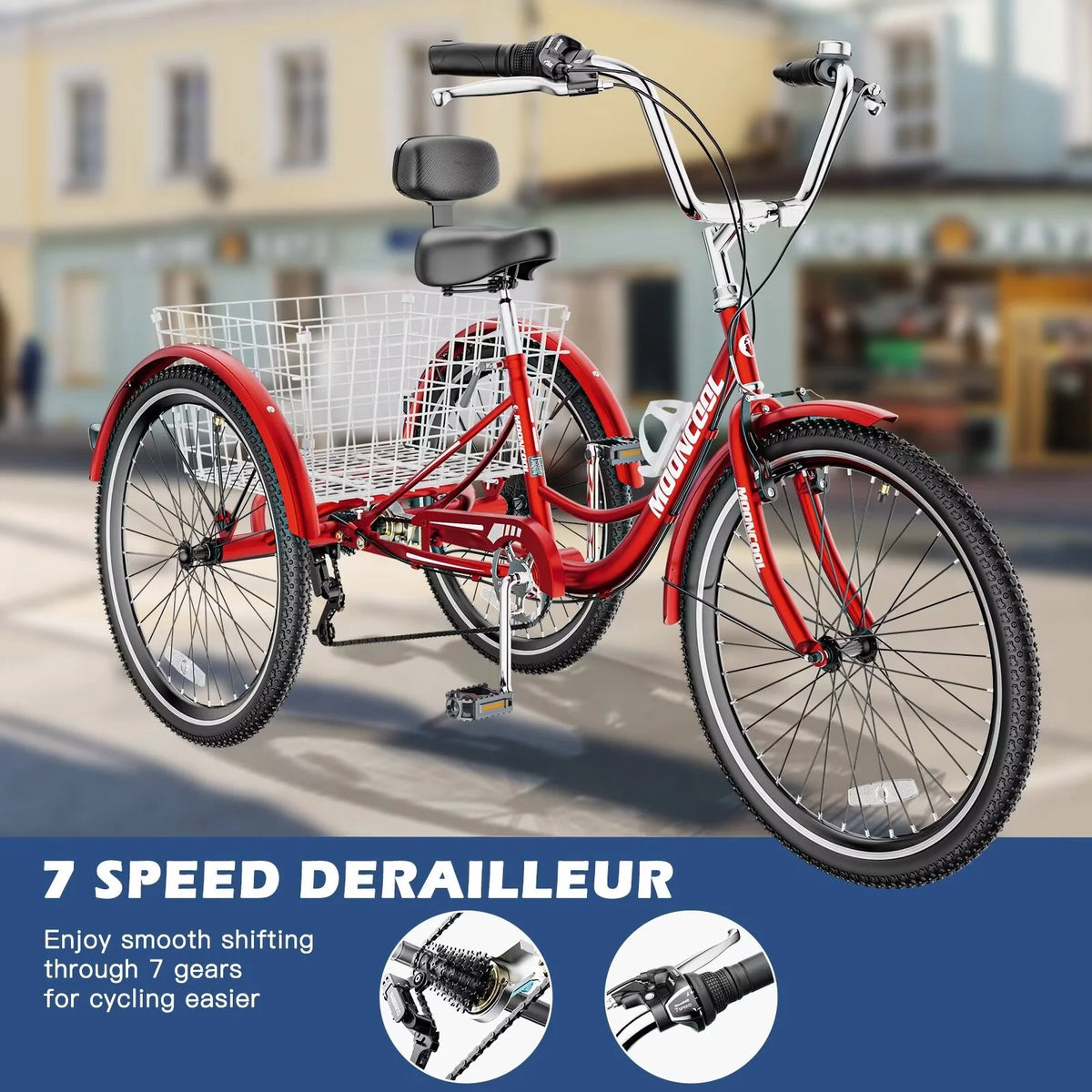 Adult Tricycles 3 Wheel 7 Speed 26 inch Tire Cruiser Bike with Low Step Through Frame and Big Basket G5436