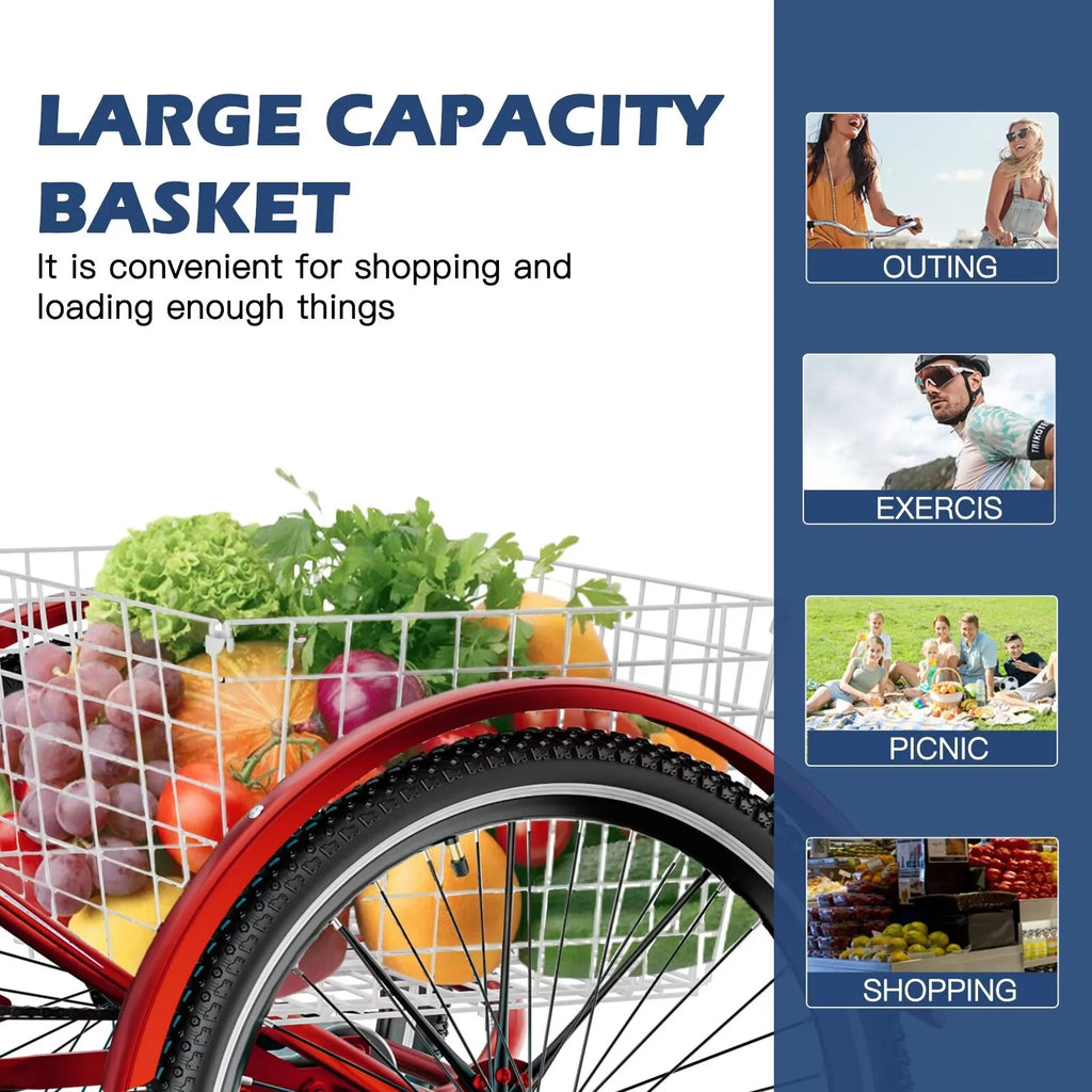 Adult Tricycles 3 Wheel 7 Speed 26 inch Tire Cruiser Bike with Low Step Through Frame and Big Basket G5436