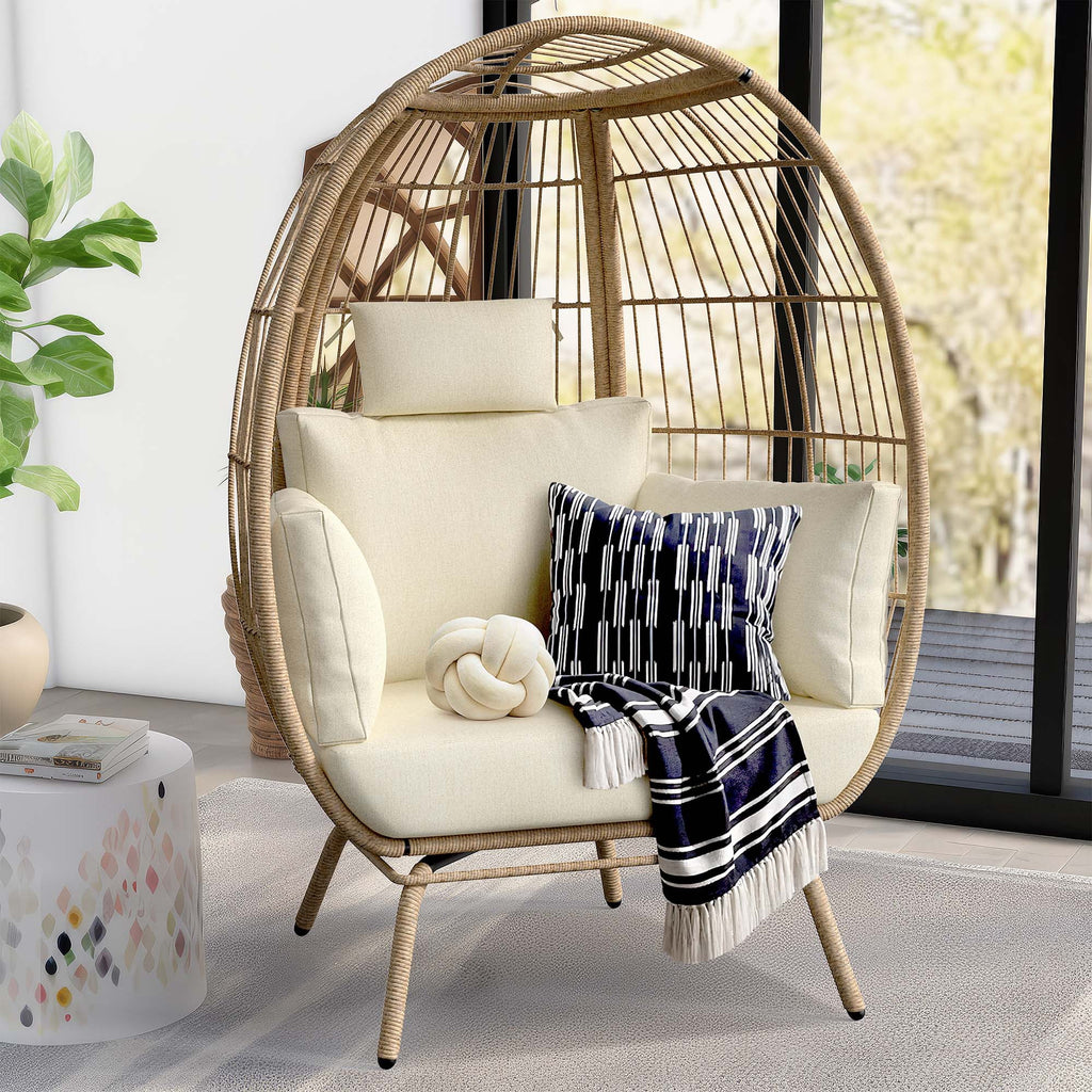 Oversized Wicker Egg Chair with Stand and Beige Cushions L411