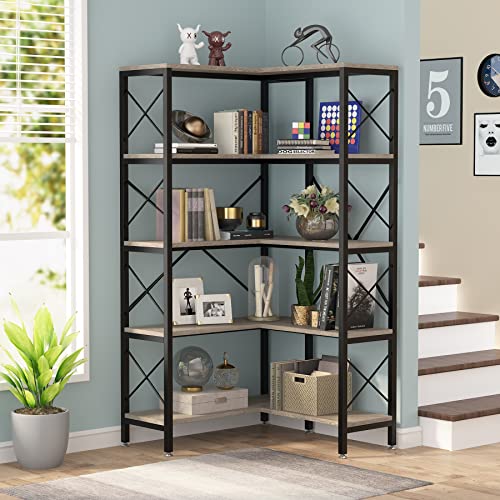 5-Shelf Corner Bookshelf with Metal Frame Grey J824060