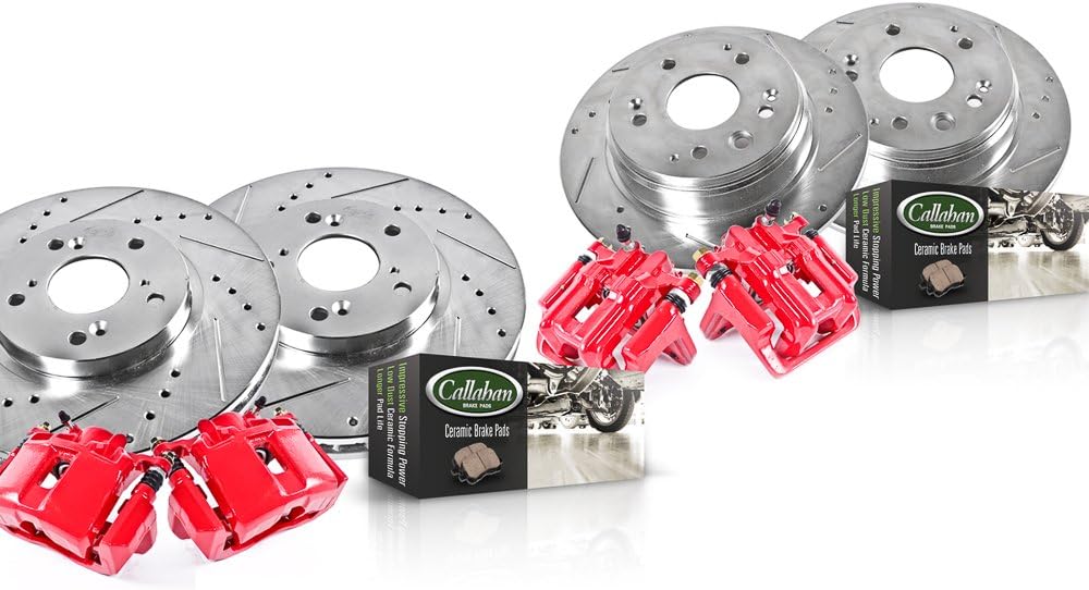 Powder Coated Red Calipers Drilled Slotted Rotors Ceramic Pads F5857
