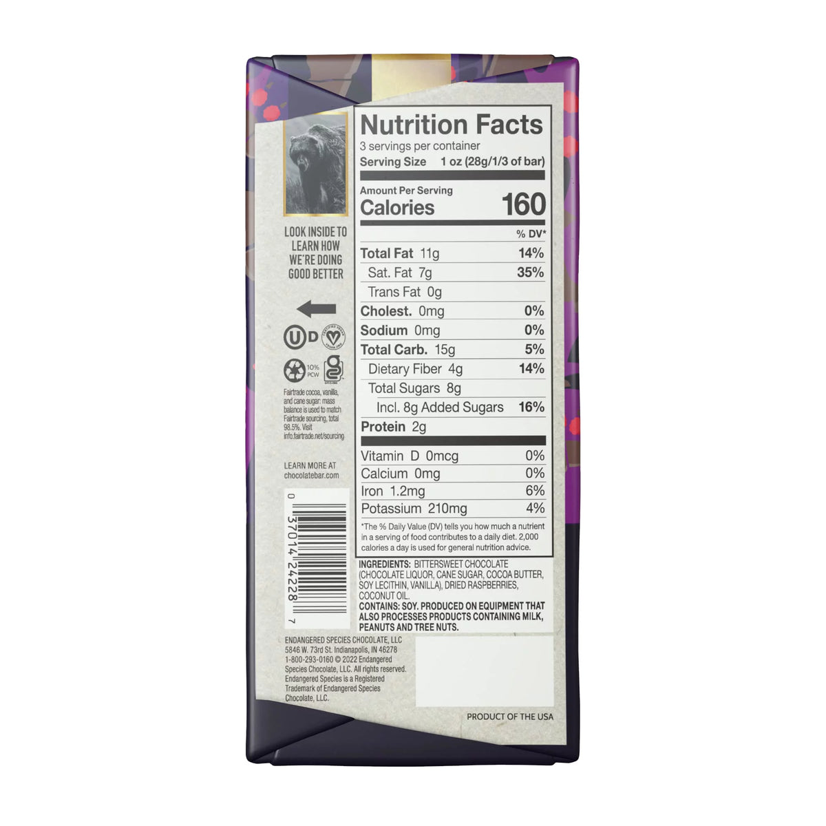 Dark Chocolate Raspberry Bar 12x3 OZ V4323