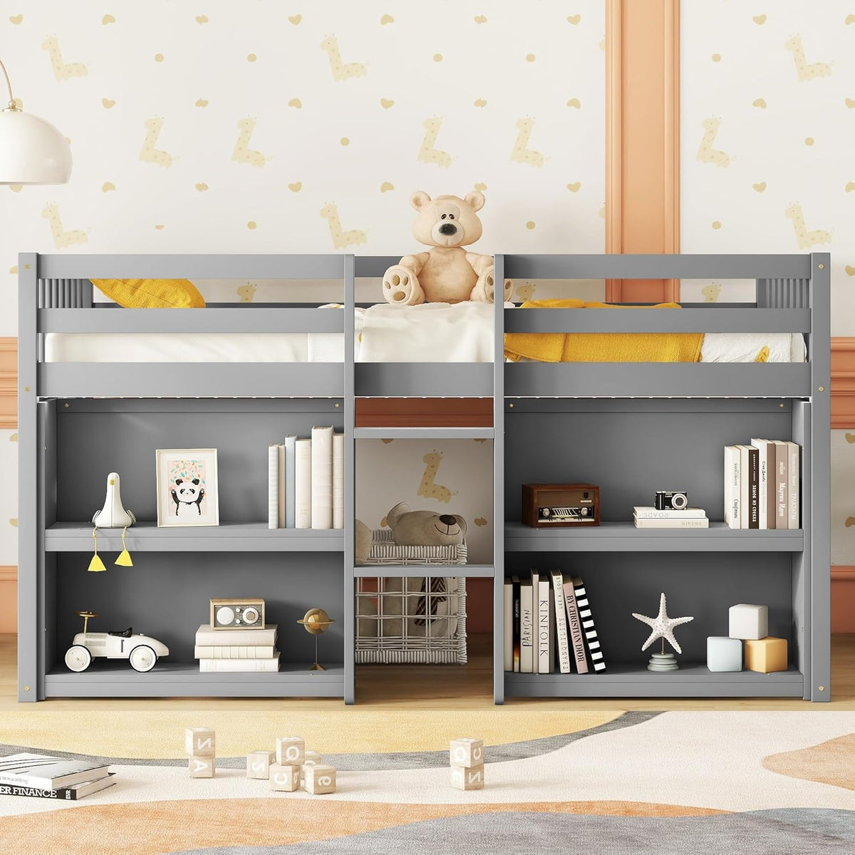 Grey LED Twin Low Loft Bed with Storage Shelves W1838