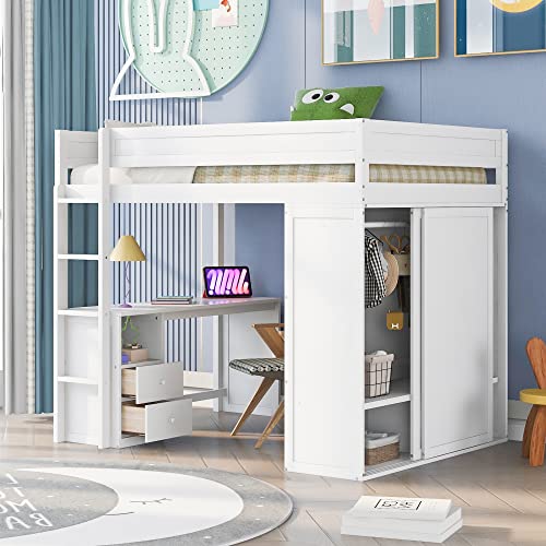 White Wooden Loft Bed with Storage Wardrobe and Desk K213