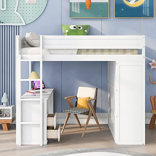White Wooden Loft Bed with Storage Wardrobe and Desk K213