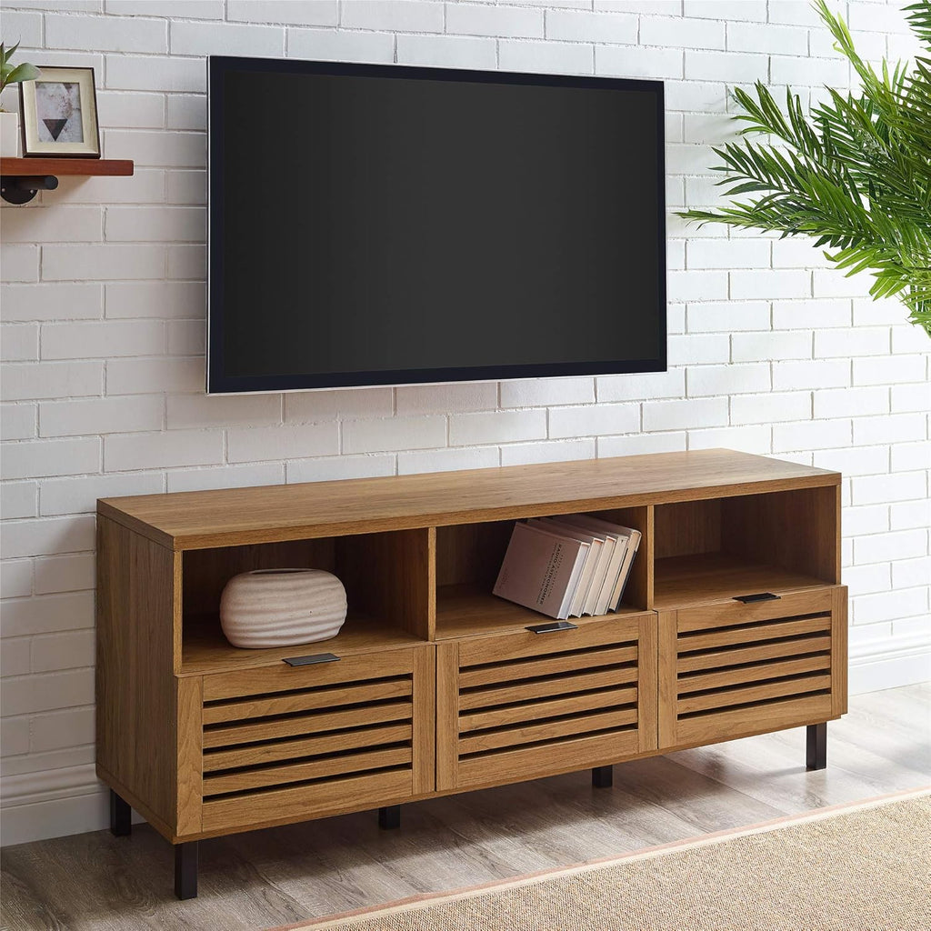 Modern Wood TV Stand with Slat Doors, 58 Inch, Dark Walnut F99735