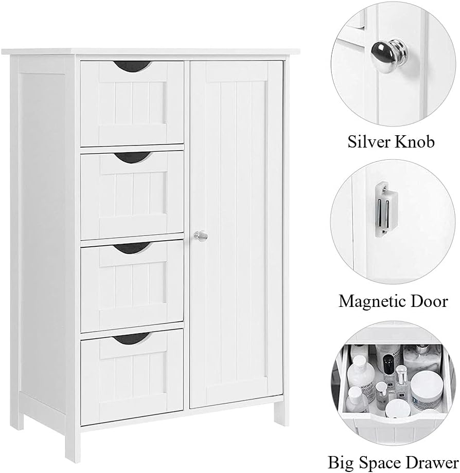 White Wooden Floor Storage Cabinet with 1 Door & 4 Drawer O1828