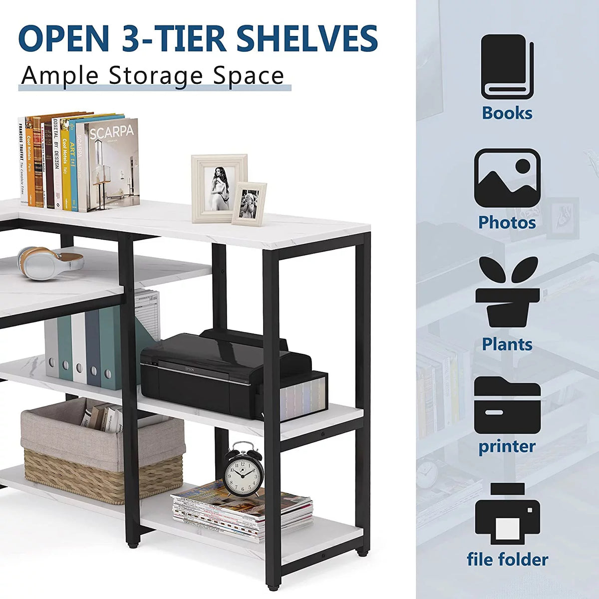 Reversible L Shaped Desk with Hutch and Open Shelves D53683
